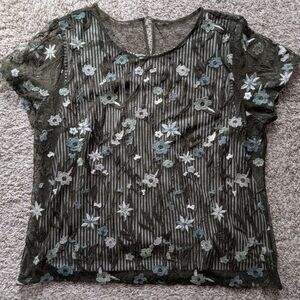 Christopher Banks Embroidered Floral Mesh Top - Olive Green Size L, Cottagecore